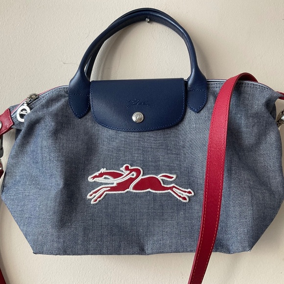 SOLD! Longchamp Navy Denim Horse Jockey Purse - Picture 1 of 16